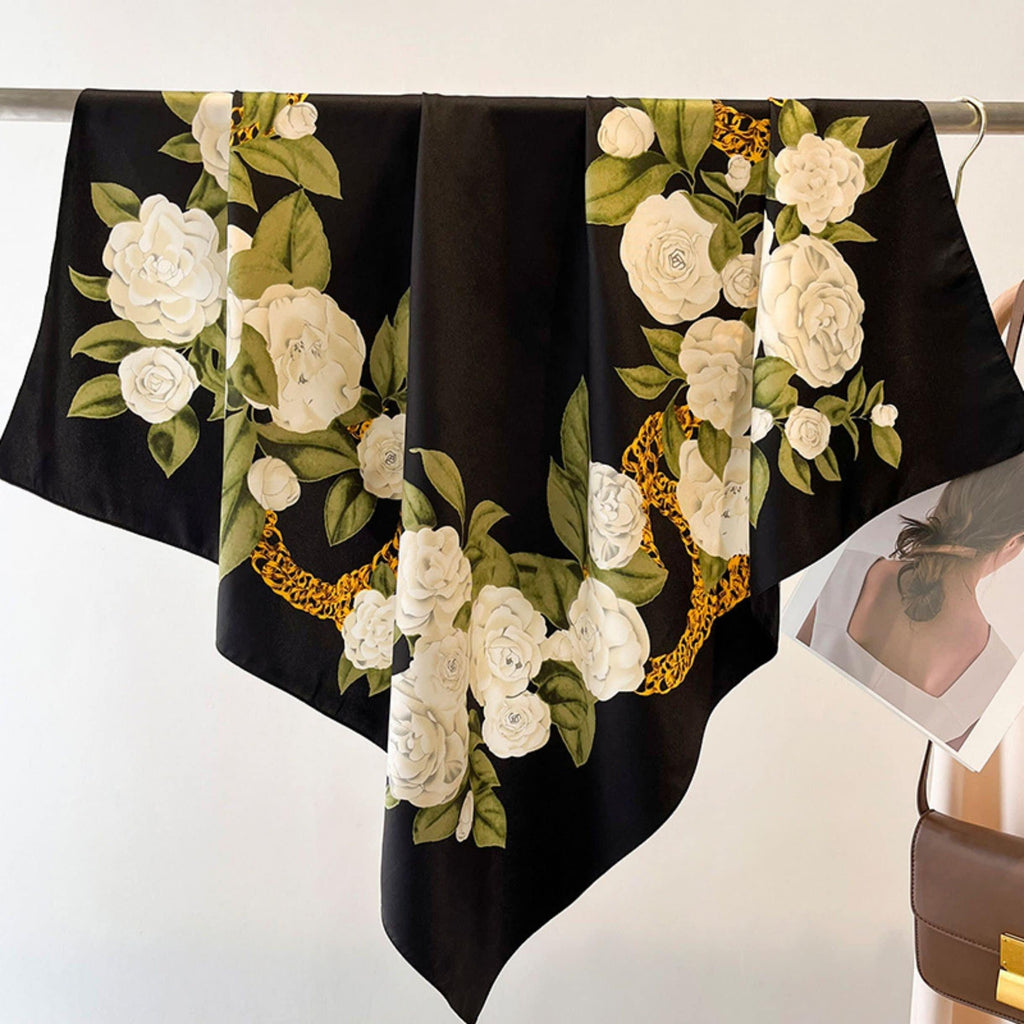 Japanese Rose Pattern Chic Large Satin Scarf | 90x90cm Bandana | Twill Satin Shawl | Perfect Gift for Her, Mother's Day