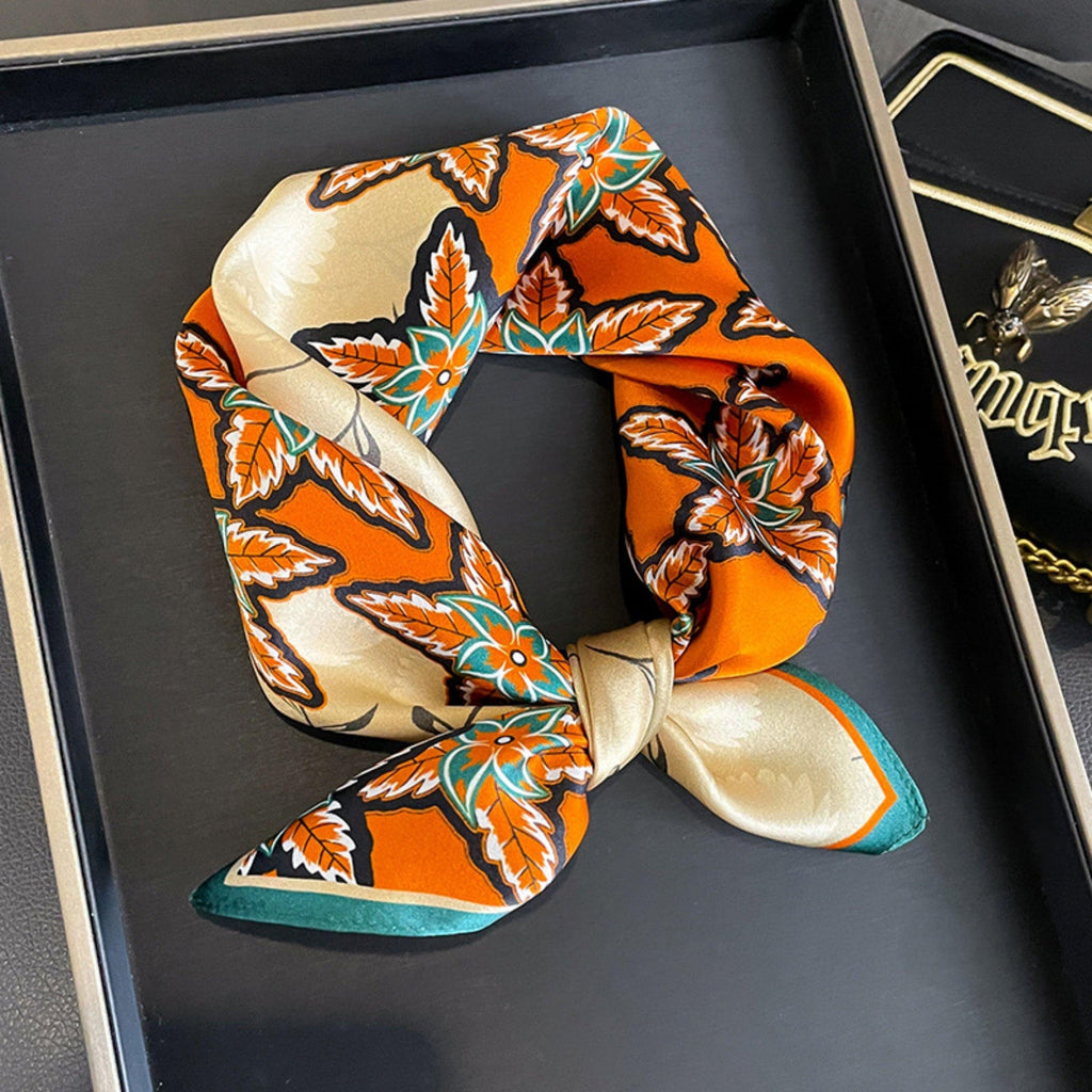 Orange Leaf Silk Scarf/100% mulberry Silk Scarf/Silk head scarf/Silk hair scarf/Silk neck scarf/Silk bandana/Bag Accessory/Gift for her