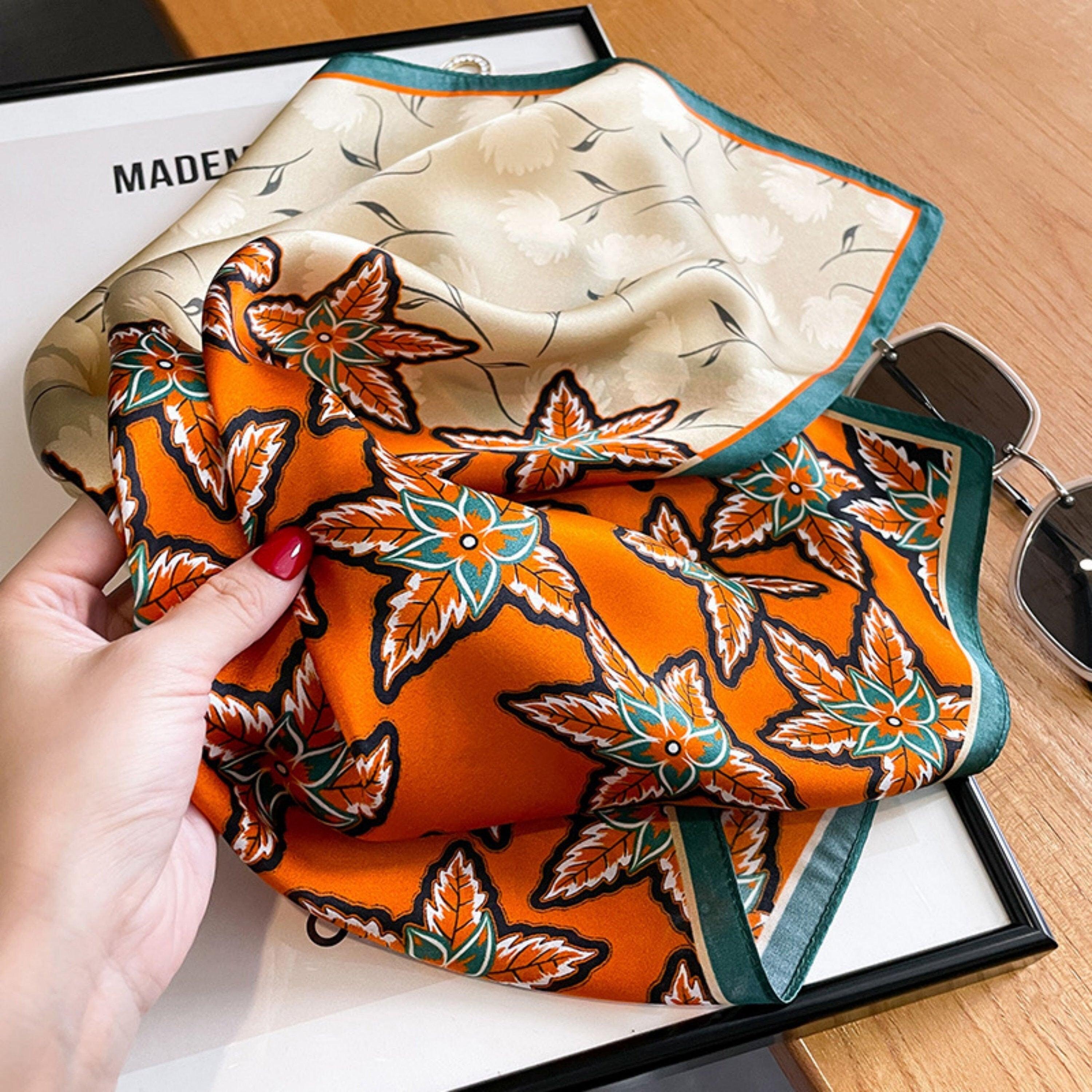 Orange Leaf Silk Scarf/100% mulberry Silk Scarf/Silk head scarf/Silk hair scarf/Silk neck scarf/Silk bandana/Bag Accessory/Gift for her