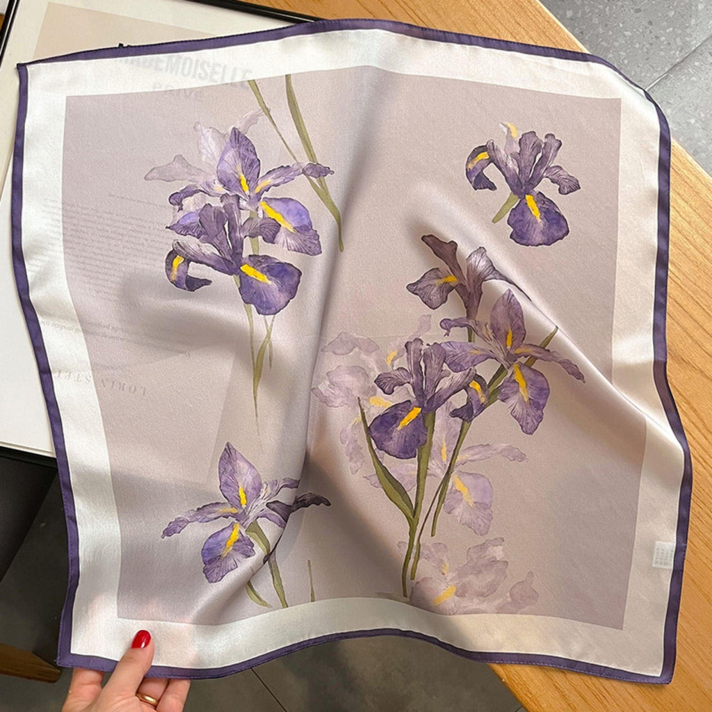 Purple Iris 100% mulberry Silk Scarf/Silk head scarf/Silk hair scarf/Silk neck scarf/Mother's Day Gifts/Bag Accessory/Gift for her