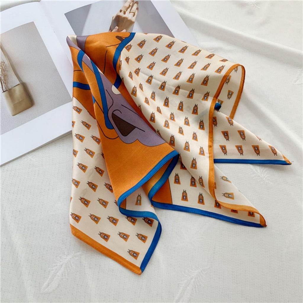 Orange horse print 100% mulberry Silk Scarf/Silk head scarf/Silk hair scarf/Silk neck scarf/Mother's Day Gifts/Bag Accessory/Gift for her