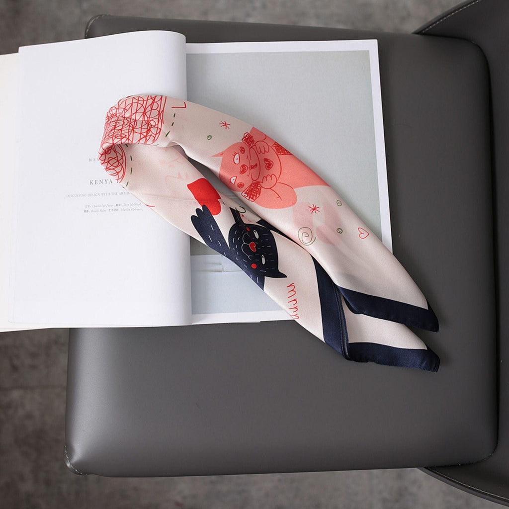 Pink Cat Pattern 100% mulberry Silk Scarf/Silk head scarf/Silk hair scarf/Silk neck scarf/Mother's Day Gifts/Bag Accessory/Gift for her