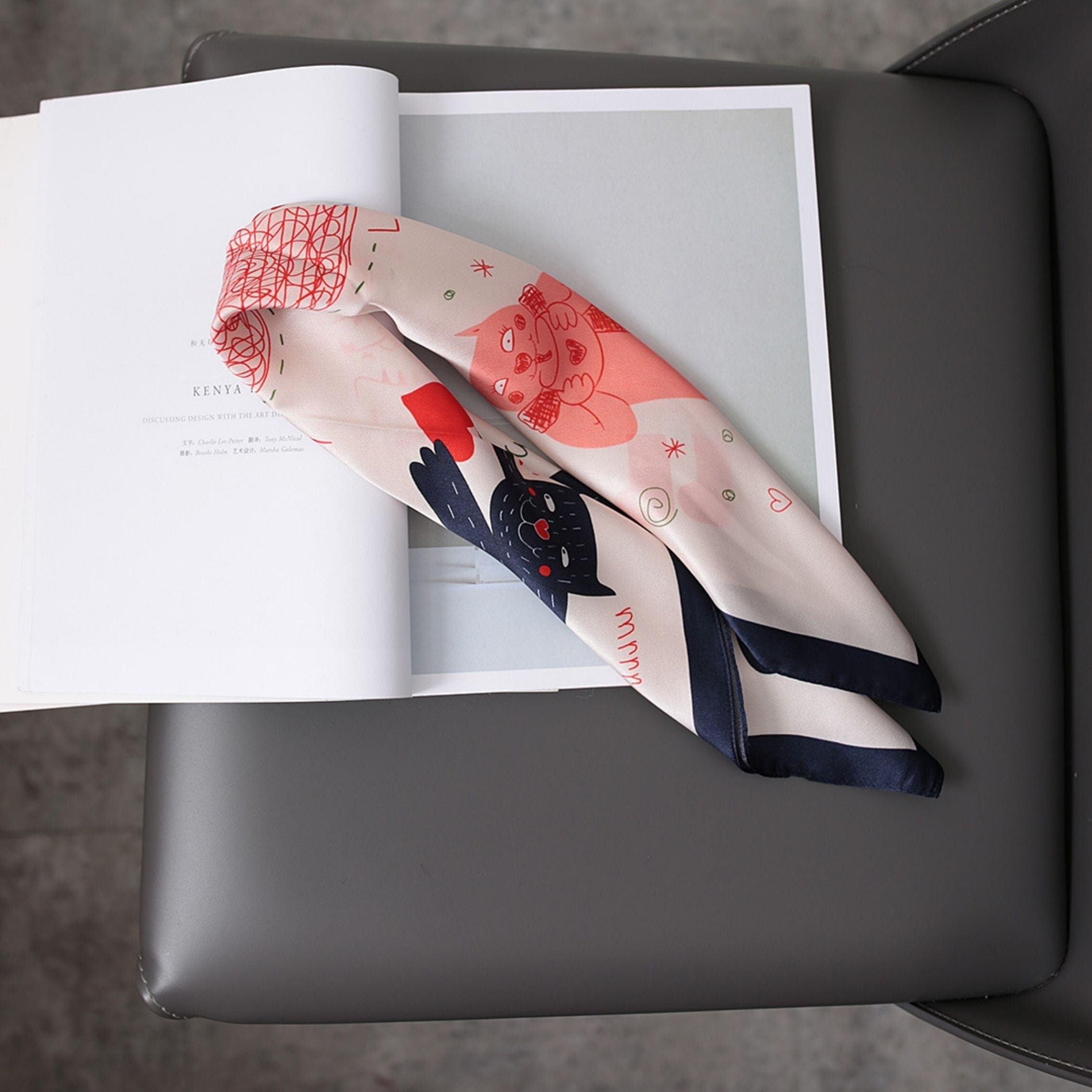 Pink Cat Pattern 100% mulberry Silk Scarf/Silk head scarf/Silk hair scarf/Silk neck scarf/Mother's Day Gifts/Bag Accessory/Gift for her