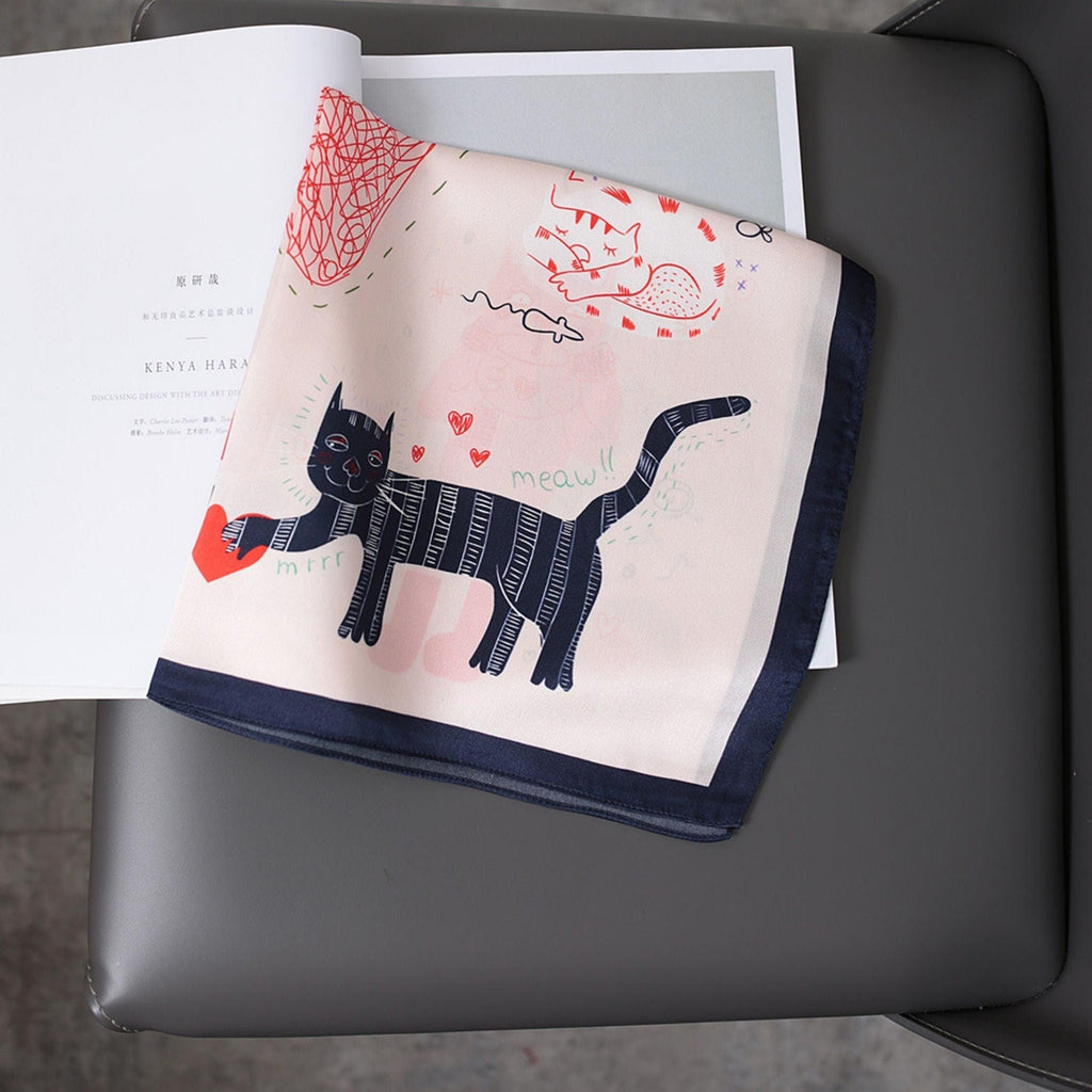 Pink Cat Pattern 100% mulberry Silk Scarf/Silk head scarf/Silk hair scarf/Silk neck scarf/Mother's Day Gifts/Bag Accessory/Gift for her