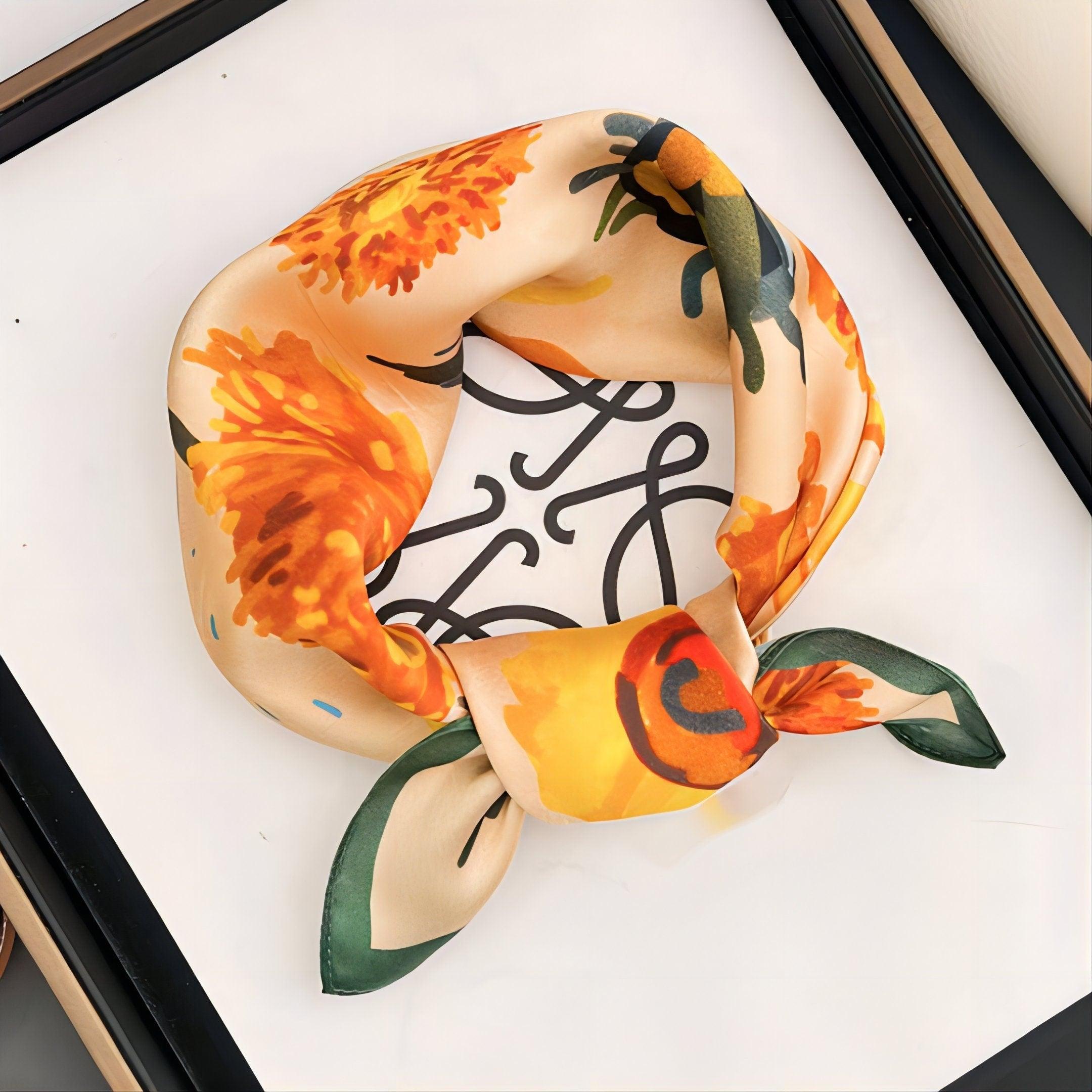 Sunflower pattern 100% mulberry Silk Scarf/Silk head scarf/Silk hair scarf/Silk neck scarf/Mother's Day Gifts/Bag Accessory/Gift for her