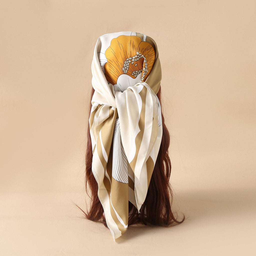 Yellow Flora Chic Large Satin Scarf | 90x90cm Bandana | Twill Satin Shawl | Perfect Gift for Her, Mother's Day