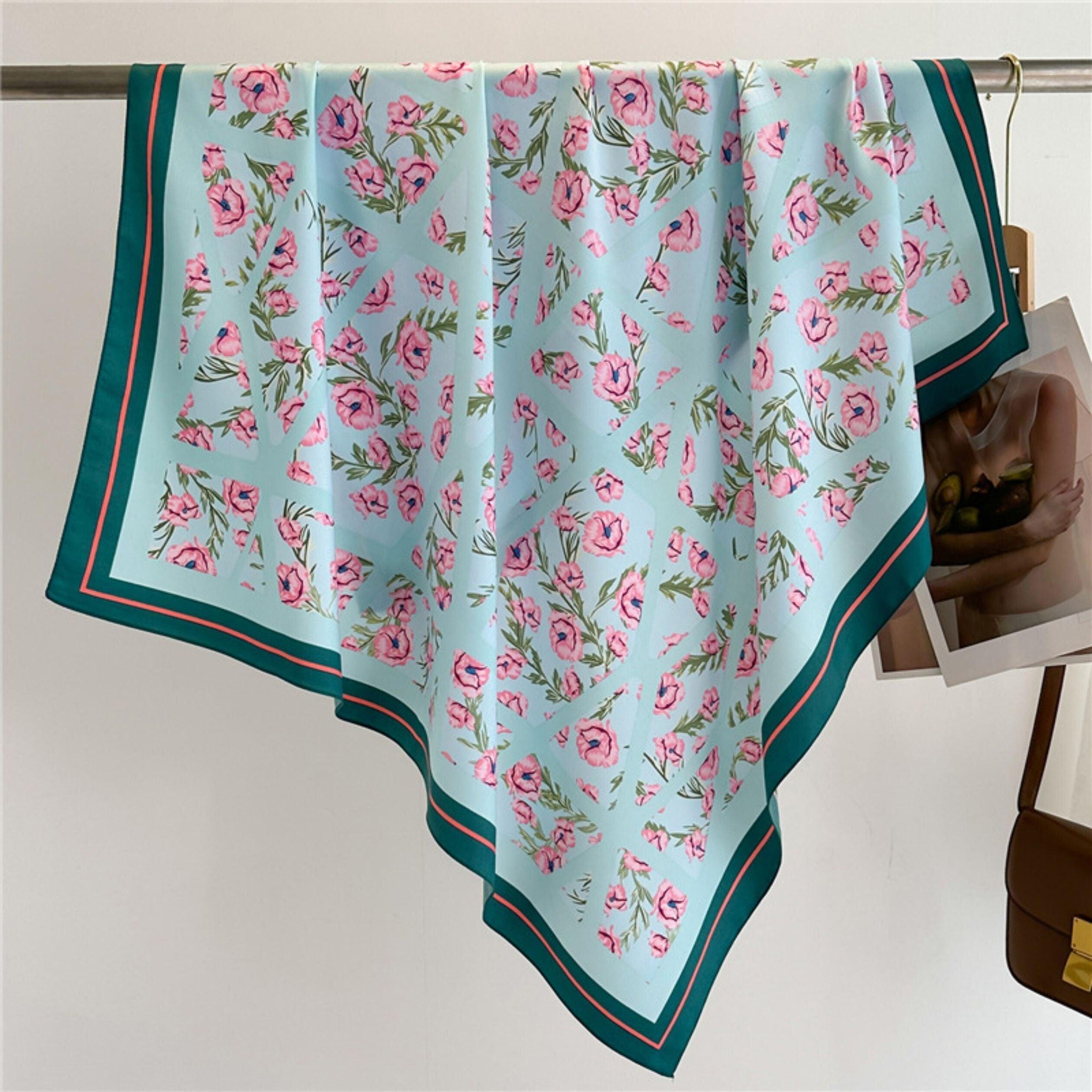 Pale Blue Flora Chic Large Satin Scarf | 90x90cm Bandana | Twill Satin Shawl | Perfect Gift for Her, Mother's Day