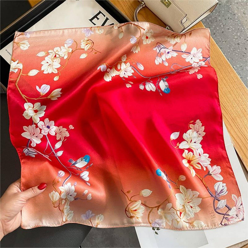Rouge Red Flower Bird 100% mulberry Silk Scarf/Silk head scarf/Silk hair scarf/Silk neck scarf/Mother's Day Gifts/Bag Accessory
