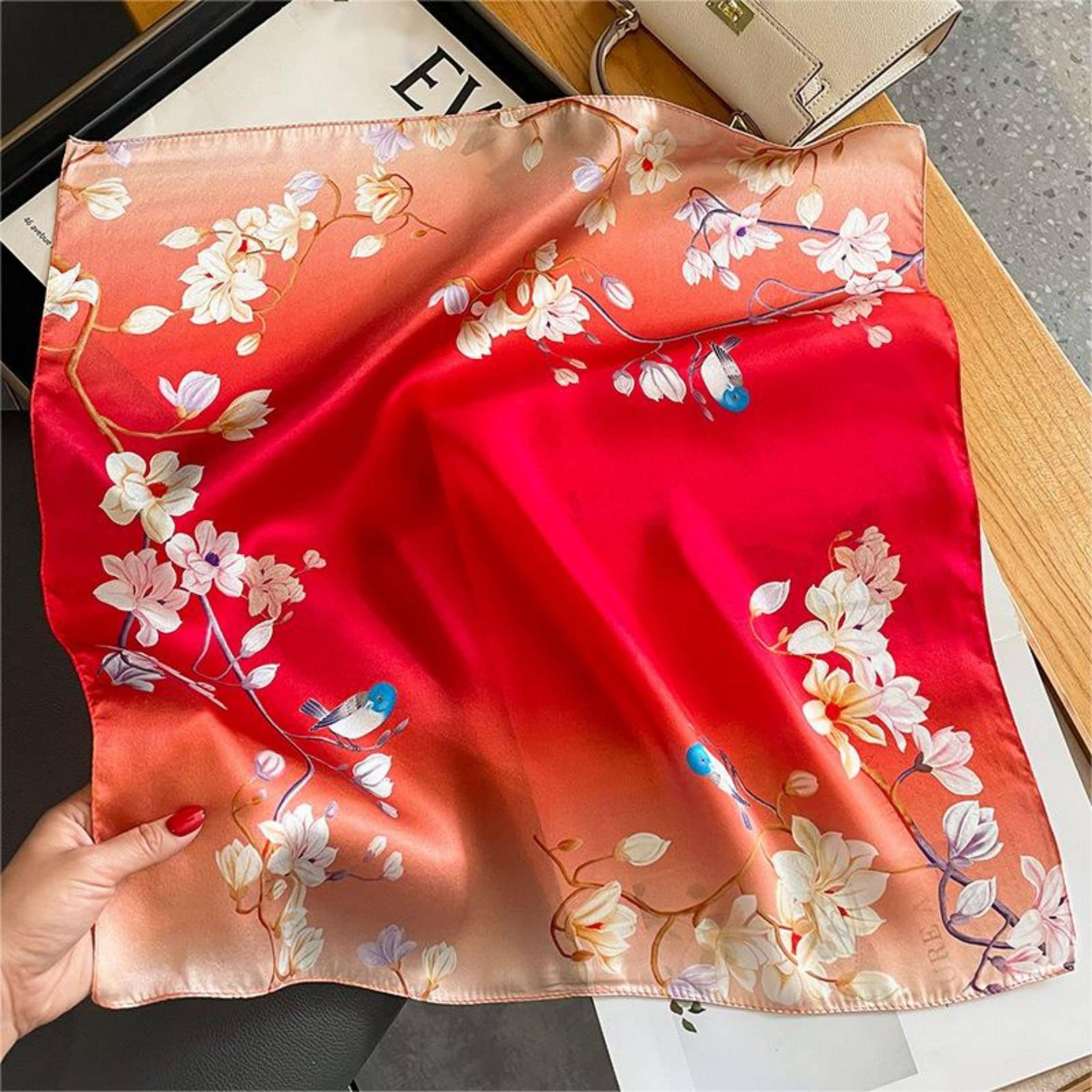 Rouge Red Flower Bird 100% mulberry Silk Scarf/Silk head scarf/Silk hair scarf/Silk neck scarf/Mother's Day Gifts/Bag Accessory
