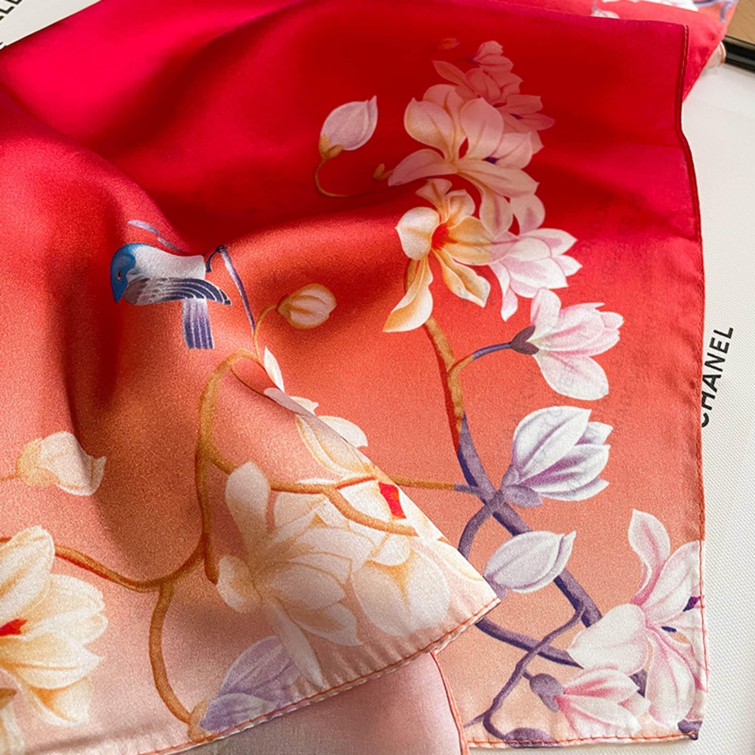 Rouge Red Flower Bird 100% mulberry Silk Scarf/Silk head scarf/Silk hair scarf/Silk neck scarf/Mother's Day Gifts/Bag Accessory