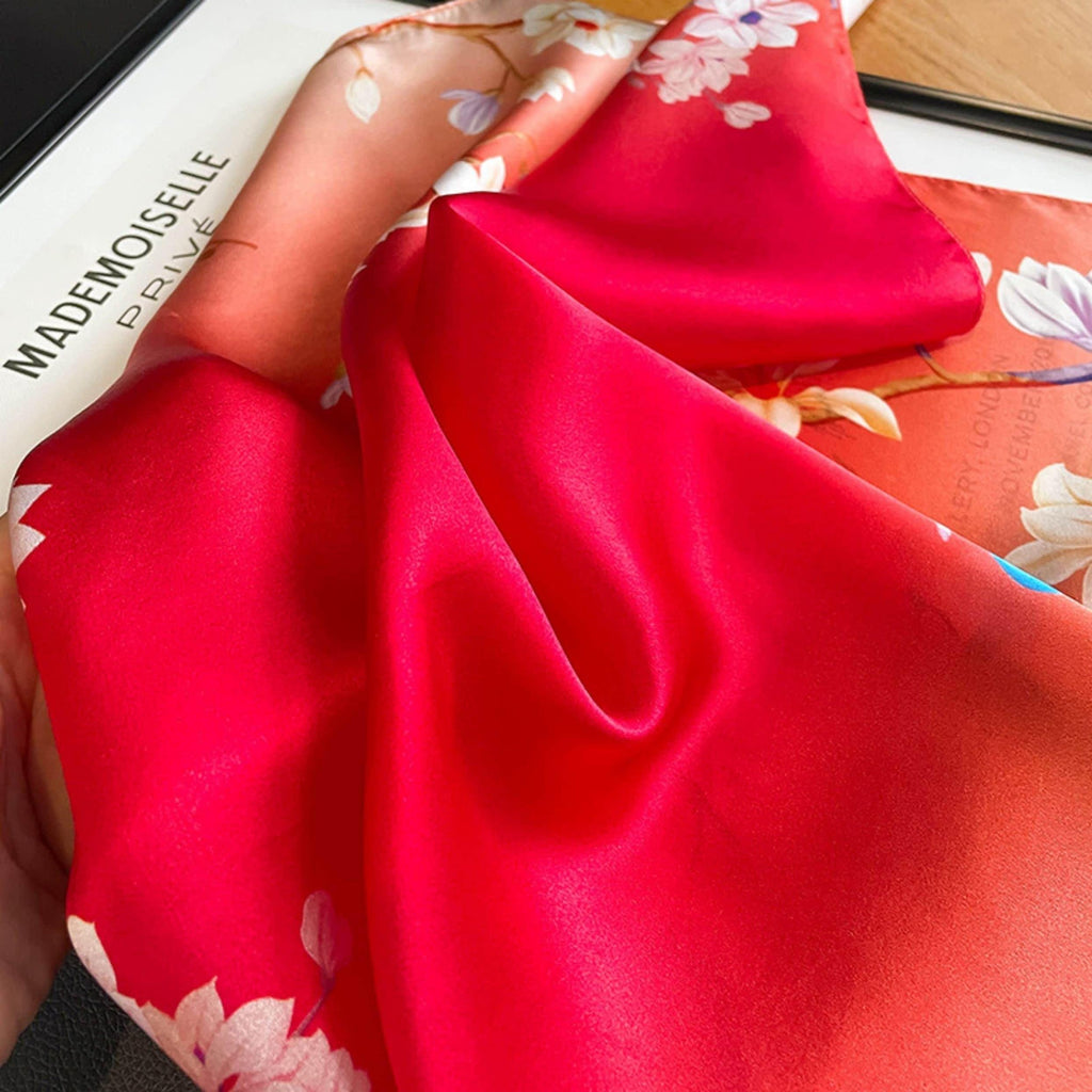 Rouge Red Flower Bird 100% mulberry Silk Scarf/Silk head scarf/Silk hair scarf/Silk neck scarf/Mother's Day Gifts/Bag Accessory