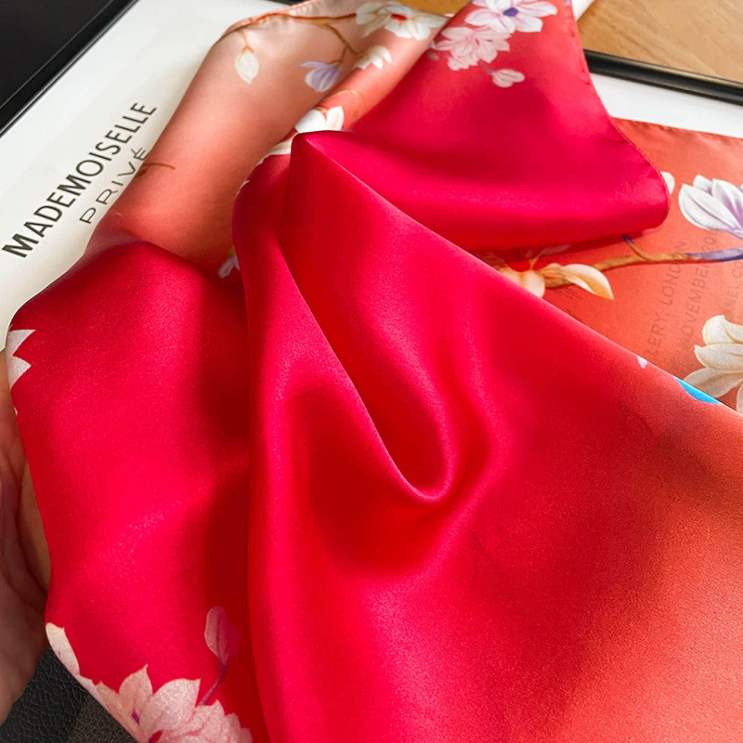 Rouge Red Flower Bird 100% mulberry Silk Scarf/Silk head scarf/Silk hair scarf/Silk neck scarf/Mother's Day Gifts/Bag Accessory