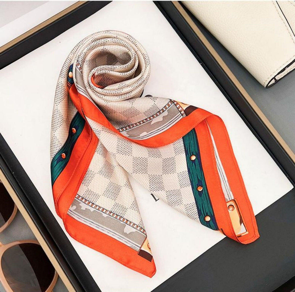 Orange Plaid Print 100% mulberry Silk Scarf/Silk head scarf/Silk hair scarf/Silk neck scarf/Mother's Day Gifts/Bag Accessory/Gift for her