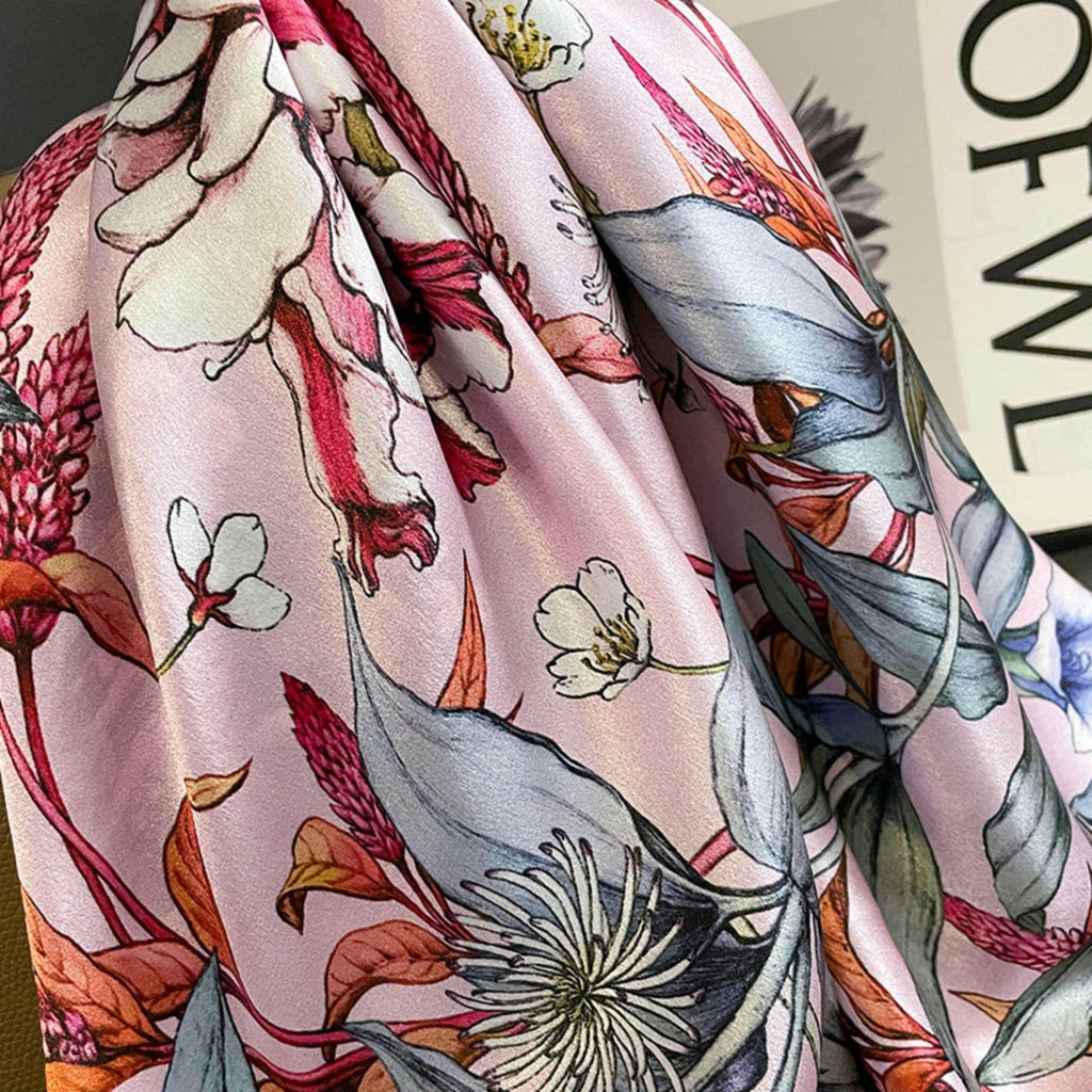Colourful pink flowers mulberry silk scarf/65CM 100% mulberry silk scarf/Silk shawl/Gift for her