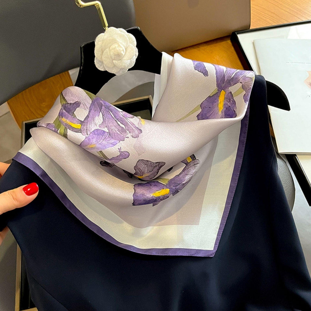 Purple Iris 100% mulberry Silk Scarf/Silk head scarf/Silk hair scarf/Silk neck scarf/Mother's Day Gifts/Bag Accessory/Gift for her