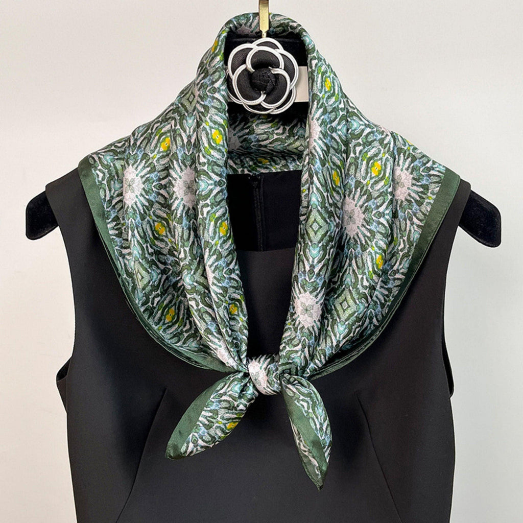Green oil painting mulberry silk scarf/65CM 100% mulberry silk scarf/Silk shawl/Gift for her