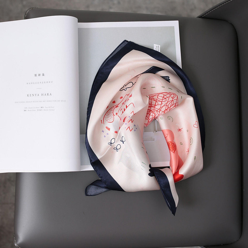 Pink Cat Pattern 100% mulberry Silk Scarf/Silk head scarf/Silk hair scarf/Silk neck scarf/Mother's Day Gifts/Bag Accessory/Gift for her