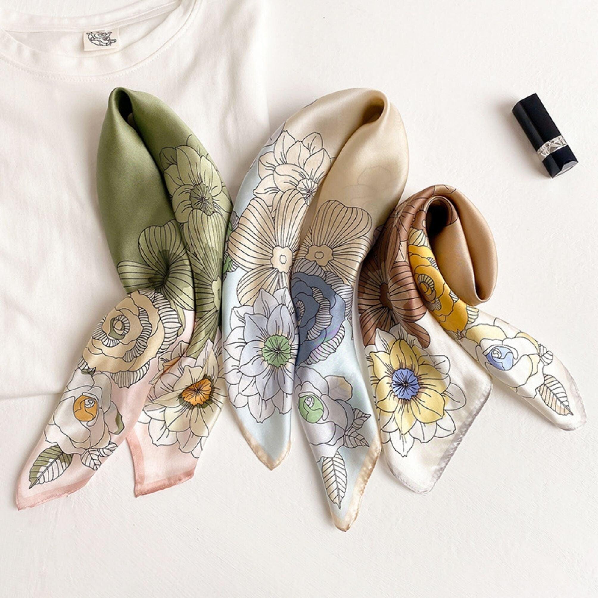 Light Color Flowers 100% mulberry Silk Scarf/Silk head scarf/Silk hair scarf/Silk neck scarf/Mother's Day Gifts/Bag Accessory/Gift for her