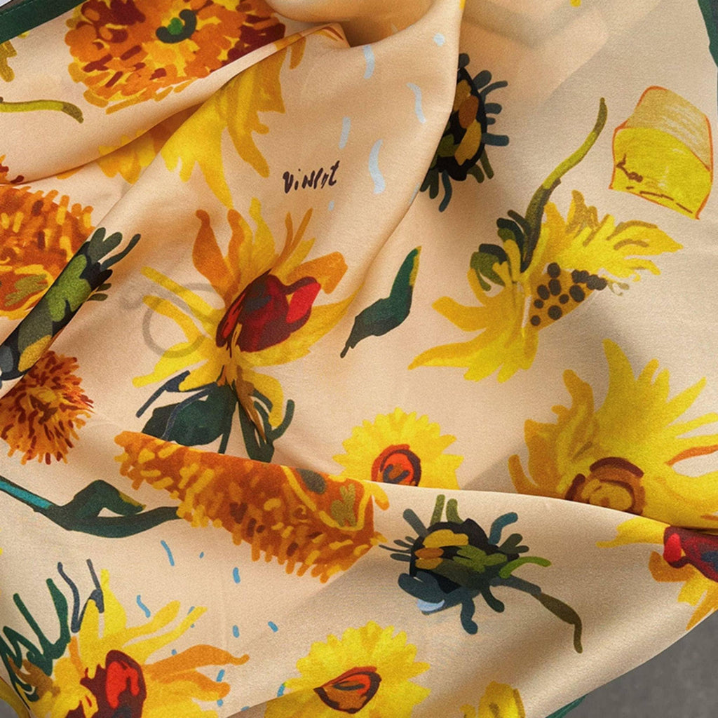 Sunflower pattern 100% mulberry Silk Scarf/Silk head scarf/Silk hair scarf/Silk neck scarf/Mother's Day Gifts/Bag Accessory/Gift for her