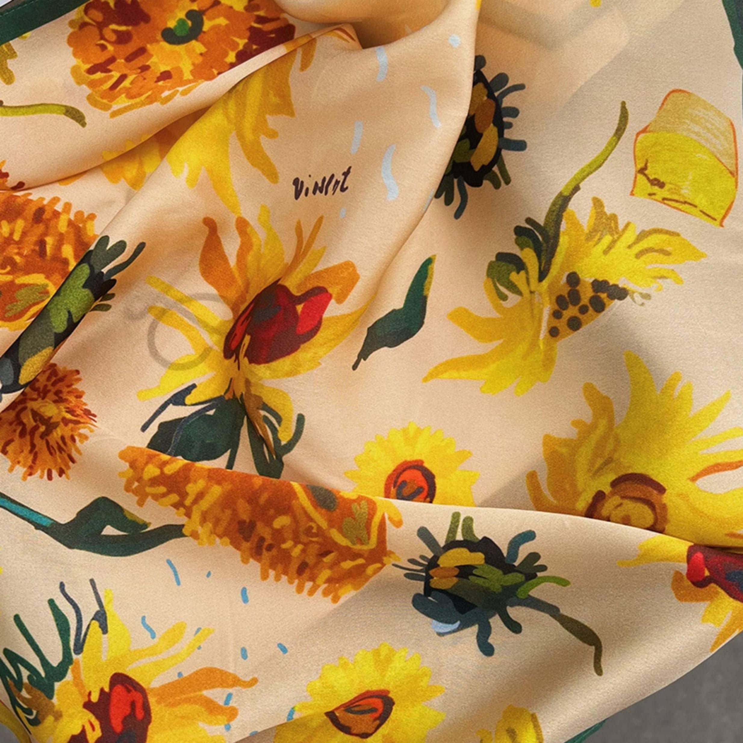 Sunflower pattern 100% mulberry Silk Scarf/Silk head scarf/Silk hair scarf/Silk neck scarf/Mother's Day Gifts/Bag Accessory/Gift for her