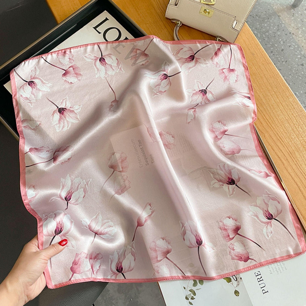 Pink Spring Flowers 100% mulberry Silk Scarf/Silk head scarf/Silk hair scarf/Silk neck scarf/Mother's Day Gifts/Bag Accessory/Gift for her